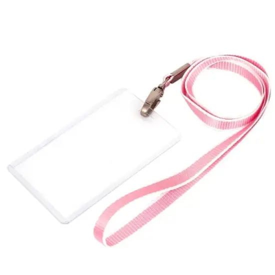 Unique Bargains Plastic Vertical ID Badge Card Neck Strap Holder Pink White image {4}