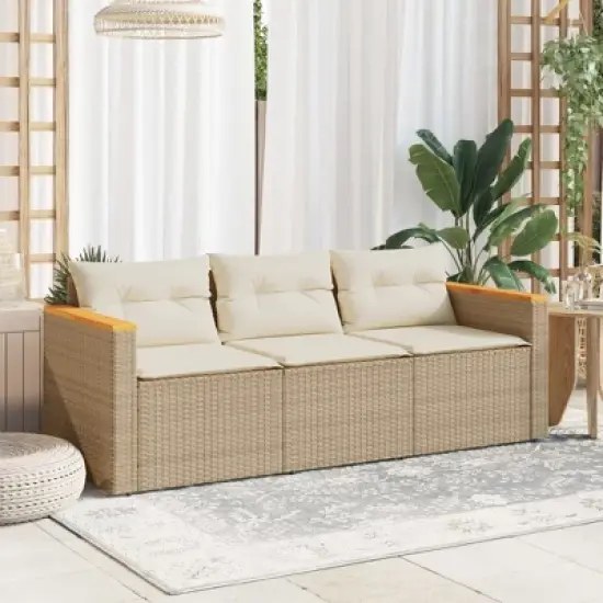 vidaXL Beige Poly Rattan 3-Seater Patio Sofa with Washable Cushions - Durable Outdoor Garden Furniture, UV-Resistant image {2}