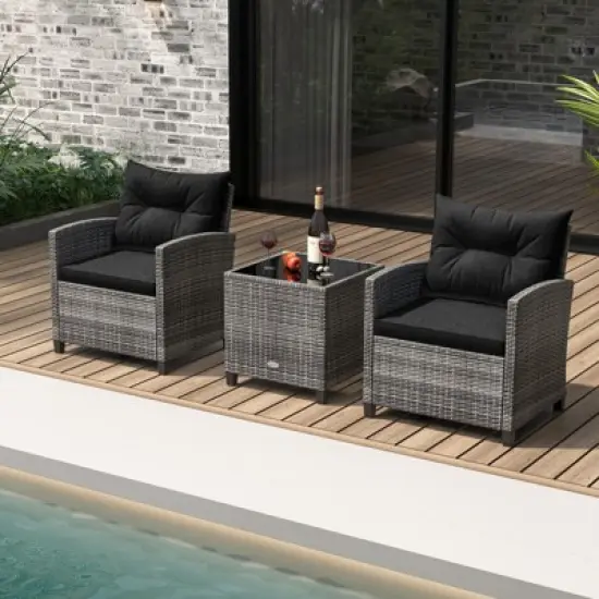 Tangkula 3 Pieces Patio Bistro Set Outdoor PE Rattan Conversation Chair Set with Tempered Glass Side Table and Removable Cushions Black image {2}