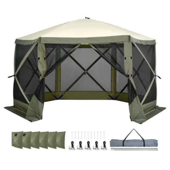 VEVOR Pop Up Gazebo Tent, Pop-Up Screen Tent 6 Sided Canopy Sun Shelter with 6 Removable Privacy Wind Cloths & Mesh Windows, Army Green image {8}