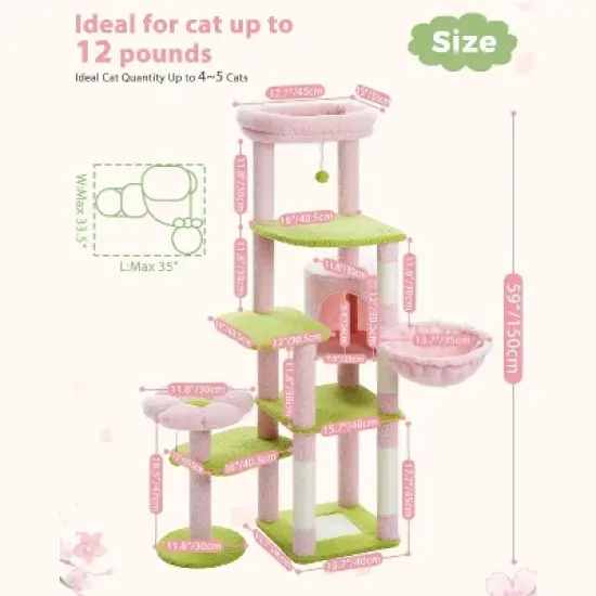 QuestaPack 59" Flower Cat Tree, Scratching Post, and 2 Perches, Pink image {1}