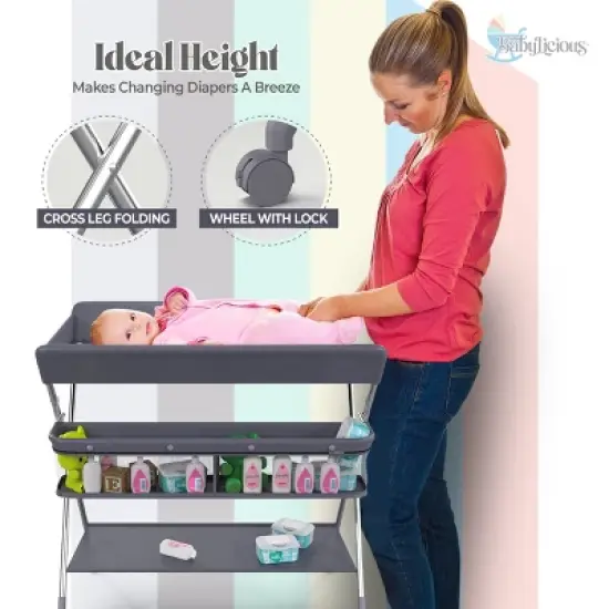 Babylicious Portable Baby Changing Table &ndash; Foldable with Wheels, Adjustable Height, Safety Belt & Large Storage Rack for Infants image {5}