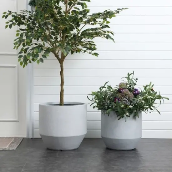 LuxenHome Minimalist Gray Outdoor Planter &ndash; Tapered Round MgO Pot with Plug image {4}