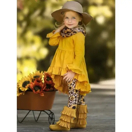 Girls Sunflower Leopard Print Tunic, Legging & Scarf Set - Mia Belle Girls image {5}