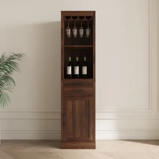 Gulches Brown Walnut Modular Wine Bar Cabinet with Hutch Buffet Cabinet for Dining Room, Single Drawer and Versatile Storage image {7}