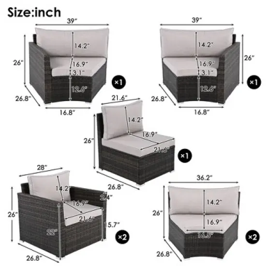 Whisen Modern Style Outdoor Half-moon Patio Sofa Set, 9-Pieces Round Sofa Set image {9}