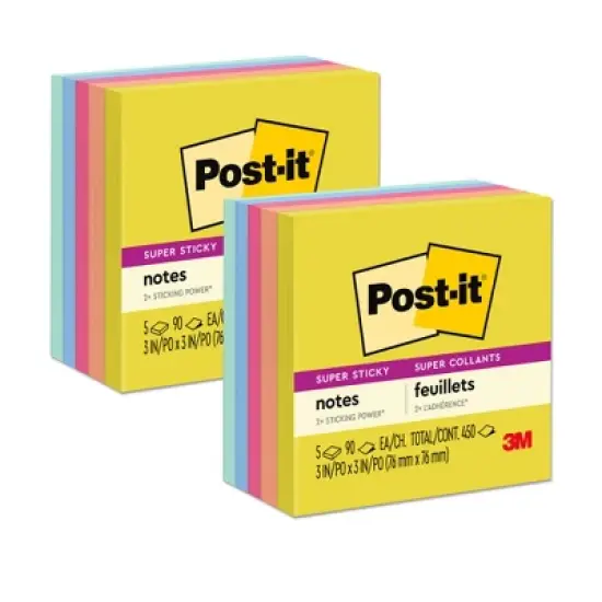 Post-it&reg; Super Sticky Notes, 3x3 in, Summer Joy Collection, Assorted Colors, 90 Sheets/Pad, 5 Pads/Pack, 2 Packs image {3}