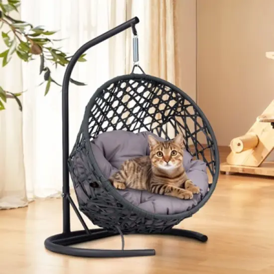 LOVSON Swinging Cat Bed with Stand and Cushion, Rattan Wicker Styled Cat Egg Chair for Cats and Small Pets, Gray image {9}