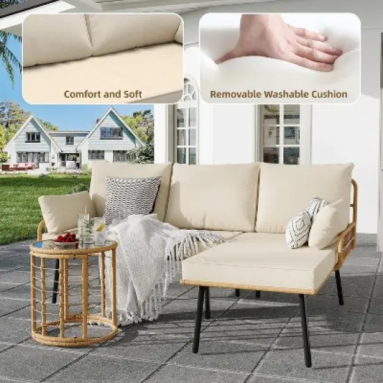 Acekool 3 Piece Patio Set Beige Rattan L-Shaped Sectional Sofa with Chaise Thick Cushions and Tempered Coffee Table for Deck Poolside Backyard Porch image {4}