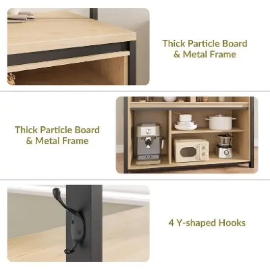 Acekool 42'' Kitchen Island Table with Power Outlets, Sliding Barn Door, Storage Shelves, Hooks, Large Dining Prep Counter, Wood color image {5}