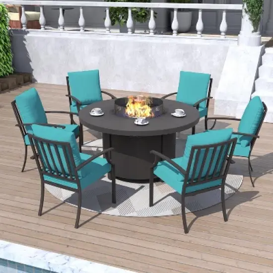 ALAULM 7 Piece Metal Outdoor Patio Furniture Set with 48" Round Fire Pit Table image {2}