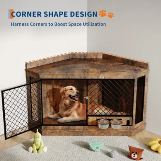 51.3" Corner Dog Crate Furniture with 360&iexcl;&atilde; Rotating Feeder, Decorative Dog Crates Dog Cage TV Stand Wooden Dog Kennel End Table image {3}