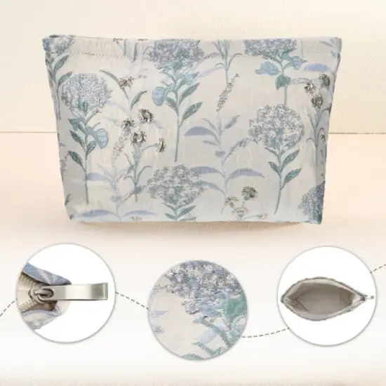Unique Bargains Travel Canvas Floral Zipper-Closure Makeup Bag Light Blue 1 Pc image {4}