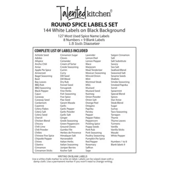 Talented Kitchen 144 Round 1.5" Spice Jar Labels Preprinted, Chalkboard Seasoning Spice Labels Stickers + Numbers for Kitchen Organization and Storage image {7}