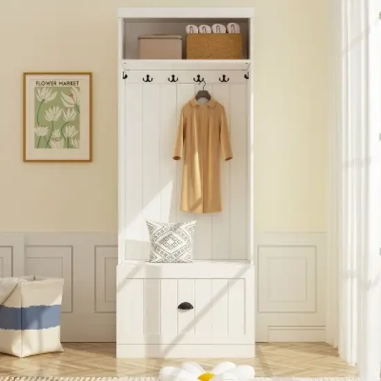 Famapy White Hall Tree Shelf Rack Shoe Storage Coat Organizer Cabinet image {1}