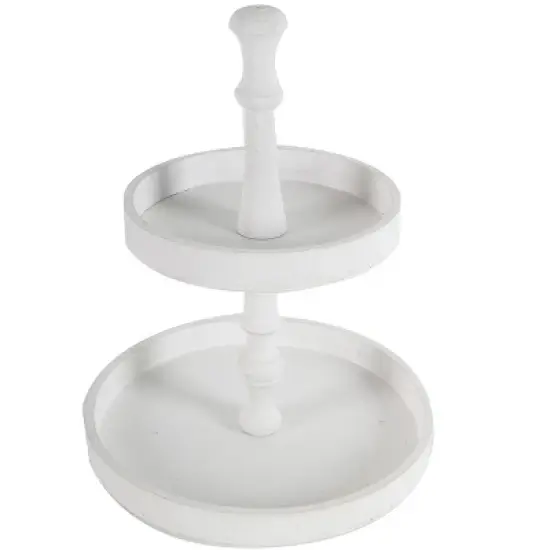 D11.8x15.4in Two-Tiered Round Wooden Tray, White image {1}