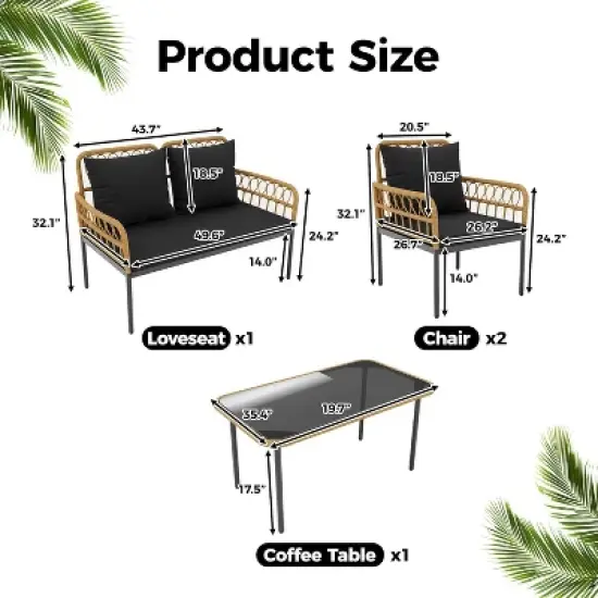 Acekool 4-Piece Outdoor Patio Set with Loveseat, Armchairs & Glass Coffee Table, Boho Rattan Conversation Set for Backyard, Porch, Balcony image {5}