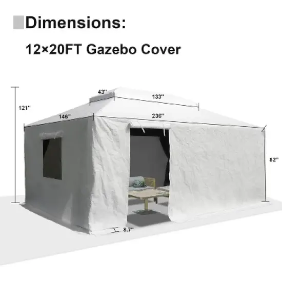 DOMETOUR 12'x20' Universal Waterproof Gazebo Cover with Sidewalls & Mesh Windows, All-Season Enclosure for Hardtop Gazebos, White image {7}