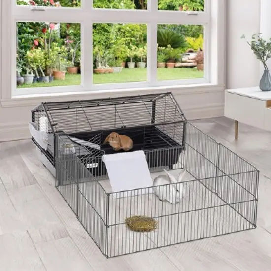 PawHut Small Animal Cage Bunny Playpen with Main House and Run for Rabbit, Guinea Pigs, Chinchilla for Indoor and Outdoor image {1}