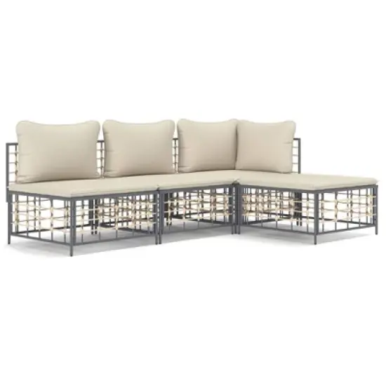 vidaXL 4-Piece Patio Lounge Set - Modular Sofas with Cushions, Weather-Resistant Poly Rattan Material, Sturdy Steel Frame - Anthracite & Beige image {9}