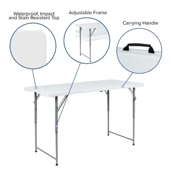 Emma and Oliver 4-Foot Height Adjustable Bi-Fold Granite White Plastic Folding Tables image {2}