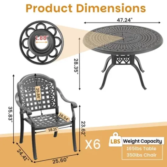 7-Piece Cast Aluminum Outdoor Dining Set with Blue Cushions, Round Table & Stackable Chairs - for Patio, Backyard image {3}