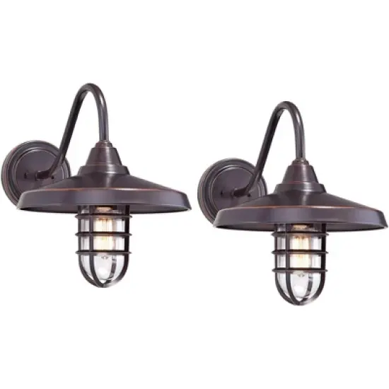 John Timberland Marlowe Rustic Industrial Outdoor Wall Light Fixtures Set of 2 Painted Bronze Hooded Cage 13" Clear Glass for Exterior image {7}