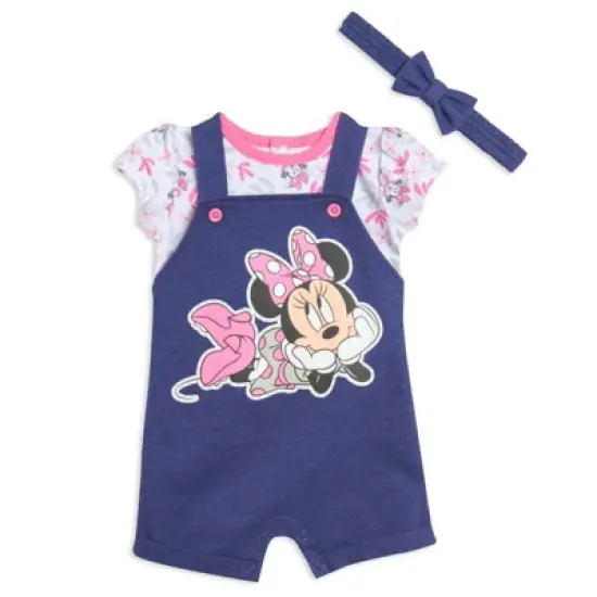 Disney Minnie Mouse Baby Girls French Terry Short Overalls T-Shirt and Headband 3 Piece Outfit Set Newborn to Toddler image {1}