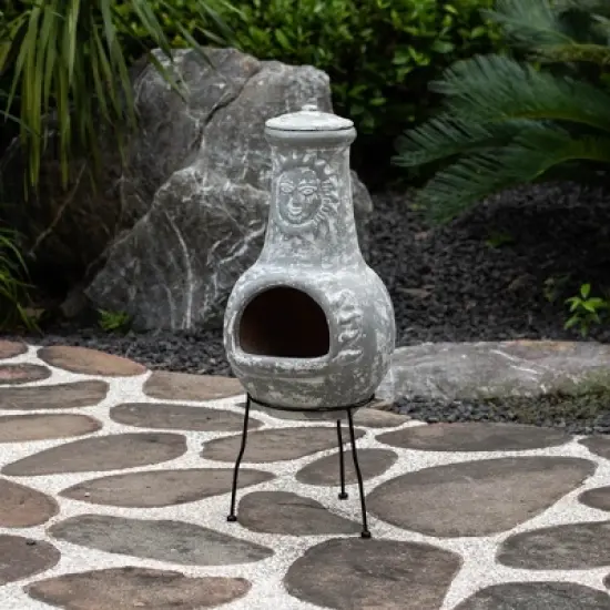Vintiquewise Outdoor Clay Chiminea Fireplace Sun Design Wood Burning Fire Pit with Sturdy Metal Stand, Barbecue, Cocktail Party, Cozy Nights Fire Pit image {2}