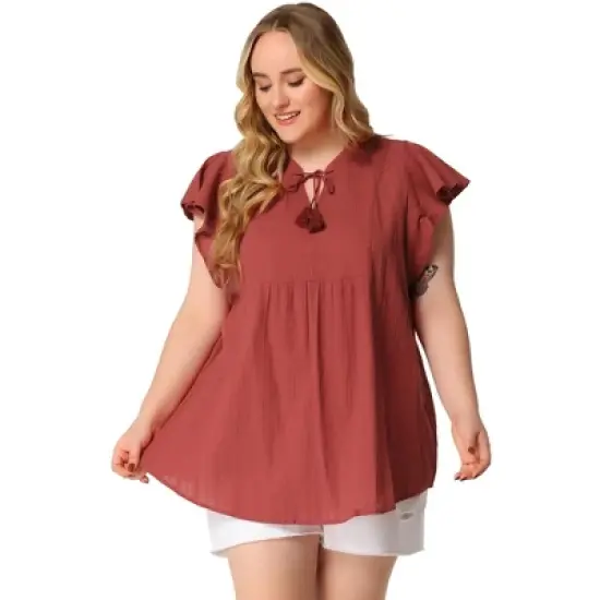 Agnes Orinda Women's Plus Size Flutter Sleeve Drawstring Flowy Summer Split V Neck Tunic Top image {6}