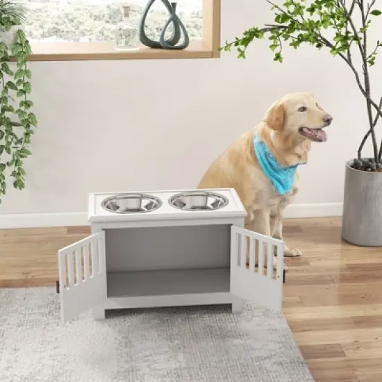 Gulches PawHut Large Elevated Dog Bowls with 37L Storage Cabinet - White image {1}
