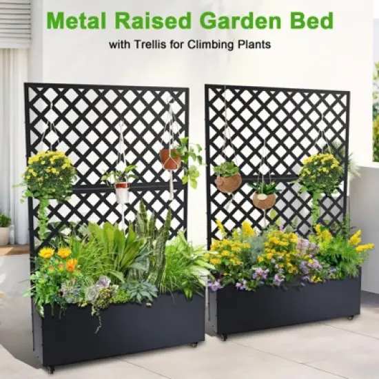 Metal Planter Box with Trellis, 71"x47"x12" Raised Garden Bed with Trellis & Wheels, Outdoor Garden Box with Privacy Screen & Drainage Holes image {1}
