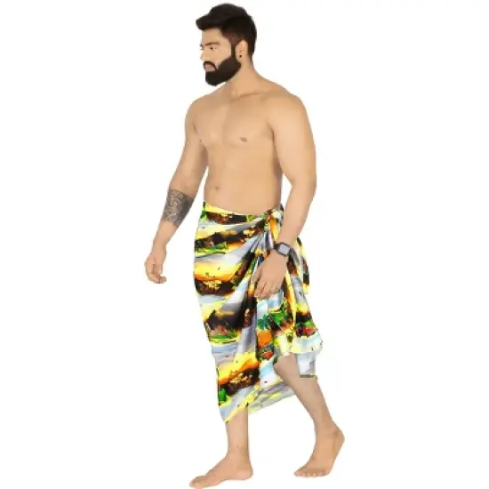 LA LEELA Men's Swimwear Cover Up Samoan Beachwear Summer Long Wrap Hawaiian Vacation Lava Lava For Men Sarongs Cover-Up One Size Black, Landscape image {1}