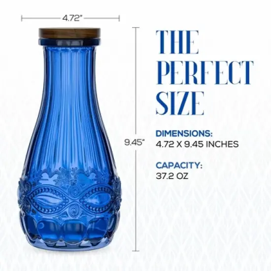 Elle Decor Color Glass Carafe with Wood Lid, Leak-Proof Glass Pitcher for Water, Juice, Mimosa Bar, Iced Tea,1 Liter, Dishwasher Safe, Blue image {6}