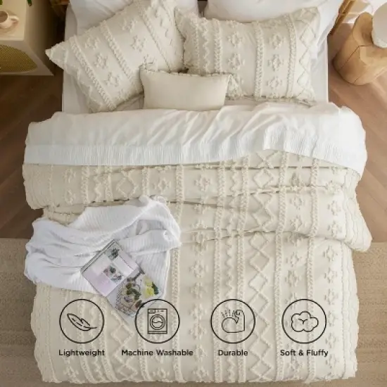Tufted Boho Comforter Set Bed Set GentleSoft Farmhouse Shabby Chic Embroidery Bedding image {3}