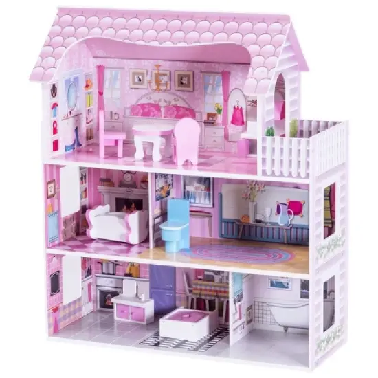 Costway 28'' Pink Dollhouse w/ Furniture Gliding Elevator Rooms 3 Levels Young Girls Toy image {5}