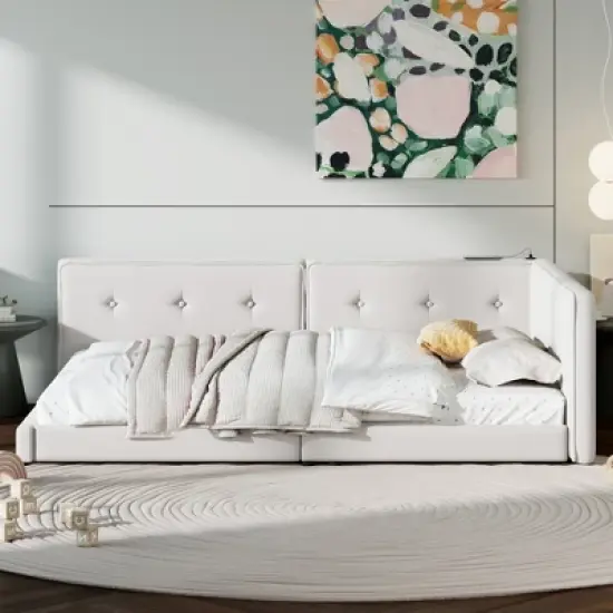 Queen/Full Size Platform Bed Frame, Upholstered Floor Bed Daybed with USB Ports -ModernLuxe image {1}