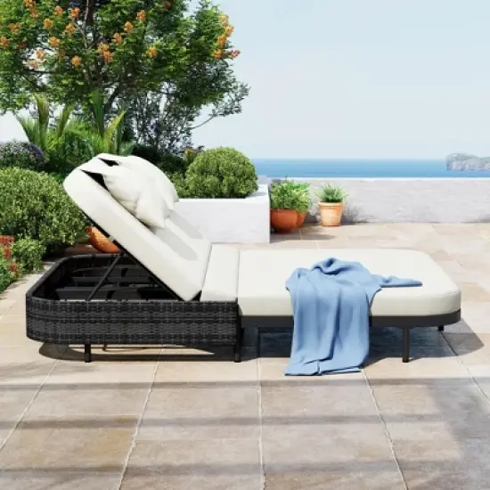 Outdoor Daybed Sunbed, Patio Rattan Loveseat Chaise Lounge with Adjustable Backrest and Cushions for Garden, Backyard -ModernLuxe image {2}