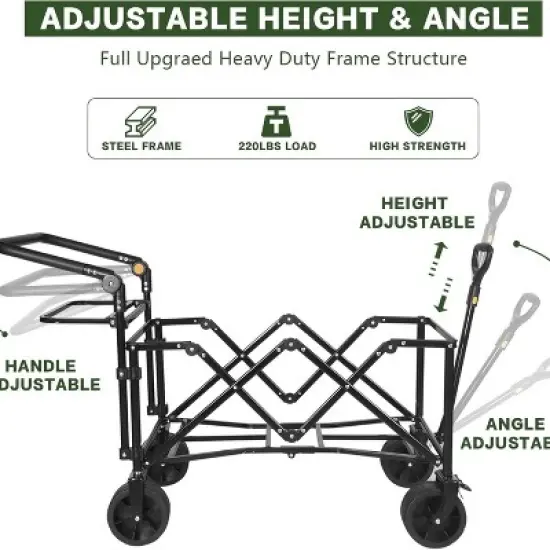 NAYSAYE Wagon Folding Cart Large Space Canopy All Terrain Wheels Brakes Adjustable Handle for Beach Camping, Black, 44.9"*20"*46.8" image {4}