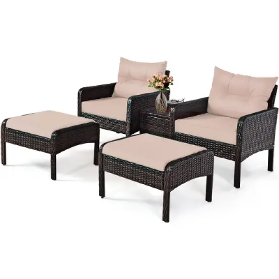 Tangkula 5-Piece Patio Rattan Conversation Set Cushioned Sofas and Ottoman Set with Table image {10}