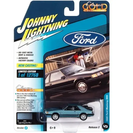 1986 Ford Mustang SVO Light Regatta Blue Metallic w/Black Stripes Ltd Ed to 12768 pcs 1/64 Diecast Model Car by Johnny Lightning image {2}