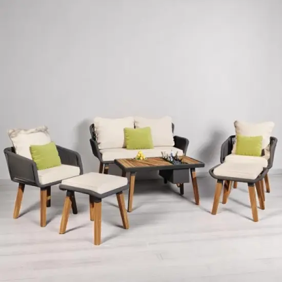 6-Piece Outdoor Wicker Sofa Set with Unique Rope Weaving, Acacia Wood Coffee Table with Ice Bucket, and Ottomans image {6}