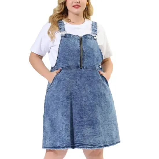 Agnes Orinda Women's Plus Size Denim Overall Zipper Frayed Adjustable Strap Suspender Dresses image {6}