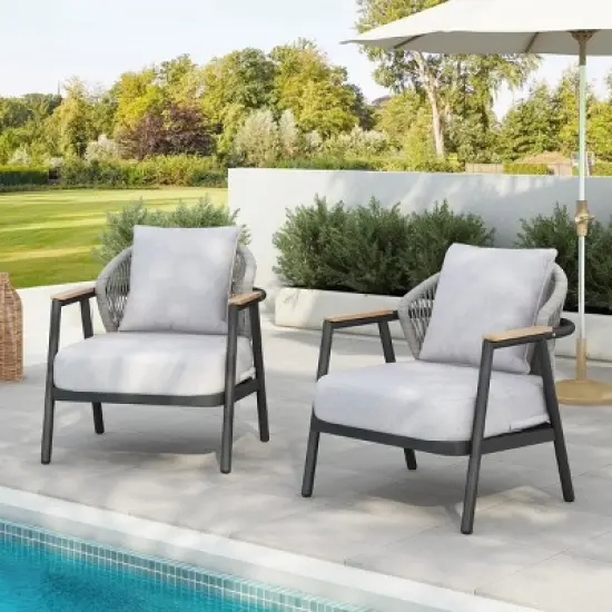 Set of 2 Outdoor Rope Lounge Chairs,Cushioned Patio Club Chairs with Gray Frame and Plastic Wood Armrests-Maison Boucle image {7}