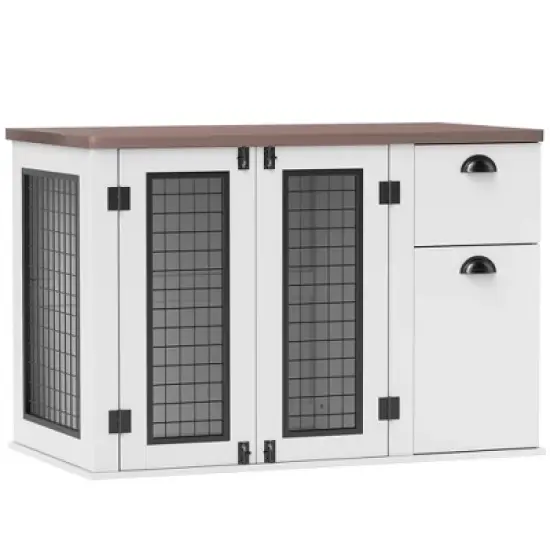 PawHut Furniture Dog Crate, 44" Dog Kennel Furniture End Table with Double Door, Storage & Drawer, Dog Crate Furniture for Medium Dogs, White image {6}