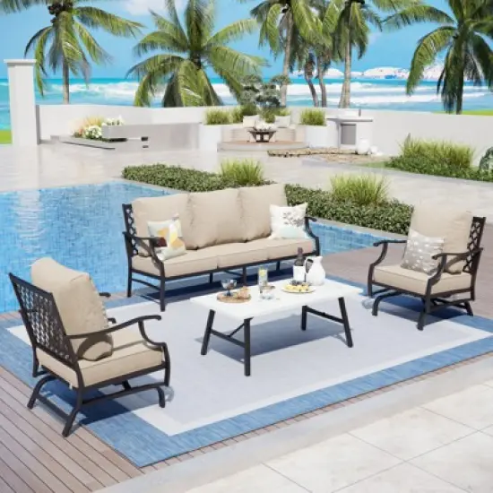 Captiva Designs 4pc Patio Outdoor Conversation Set with Rocking Grid-back Chairs for Garden, Poolside, Backyard image {14}