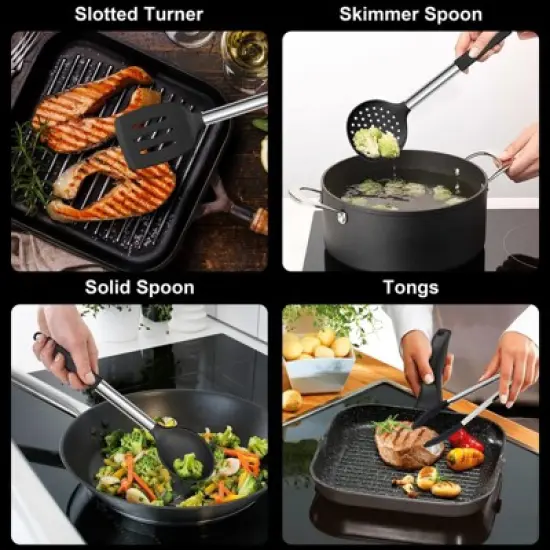 Itopfox 7-Piece Silicone Cooking Utensil Set with Stainless Steel Handles, Heat Resistant for Nonstick Cookware, Includes Ladle, Turner, Spoon\ image {3}