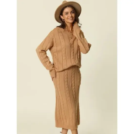 Seta T Womens' Fall Winter Casual Crewneck Sweater Two Pieces Outfit Midi Skirts with Pockets Lounge Set image {1}