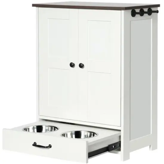 Lirago White Deep Walnut Cat Feeding Station 23.6x13.8x31.5"-Hidden Bowls and Storage Hooks image {12}