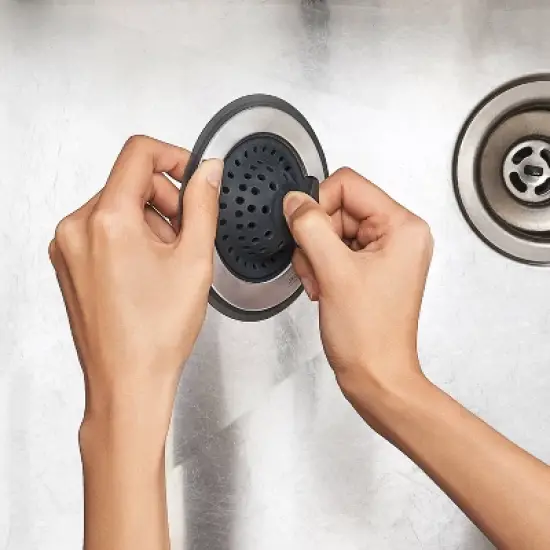 OXO Silicone Sink Strainer with Stopper: Black, Stainless Steel, Kitchen Drain Plug, Dishwasher-Safe, 4.3" Diameter image {5}